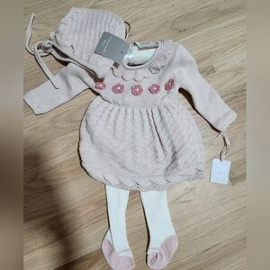 Tahari Pink Knit Baby Dress with Hat and Tights